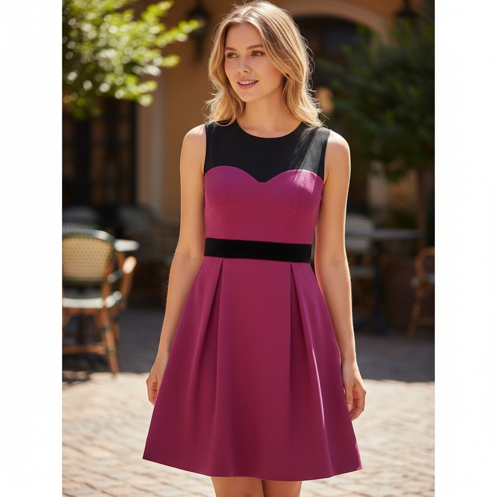 JESSICA SIMPSON fit and flare dress sz S mesh sweetheart bodice pink black trim